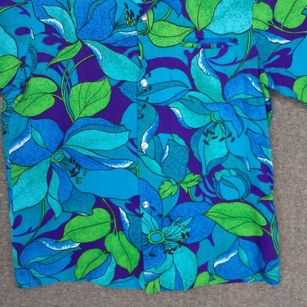 VINTAGE 60'S 70's UI-MAIKAI Hawaiian Button‎ up shirt Mens M blue green Floral - Picture 5 of 14